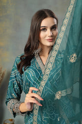 Women's Green Bandhani Print & Embroidered Muslin Straight Kurta Pant Dupatta Set-KPDGREENBANNO